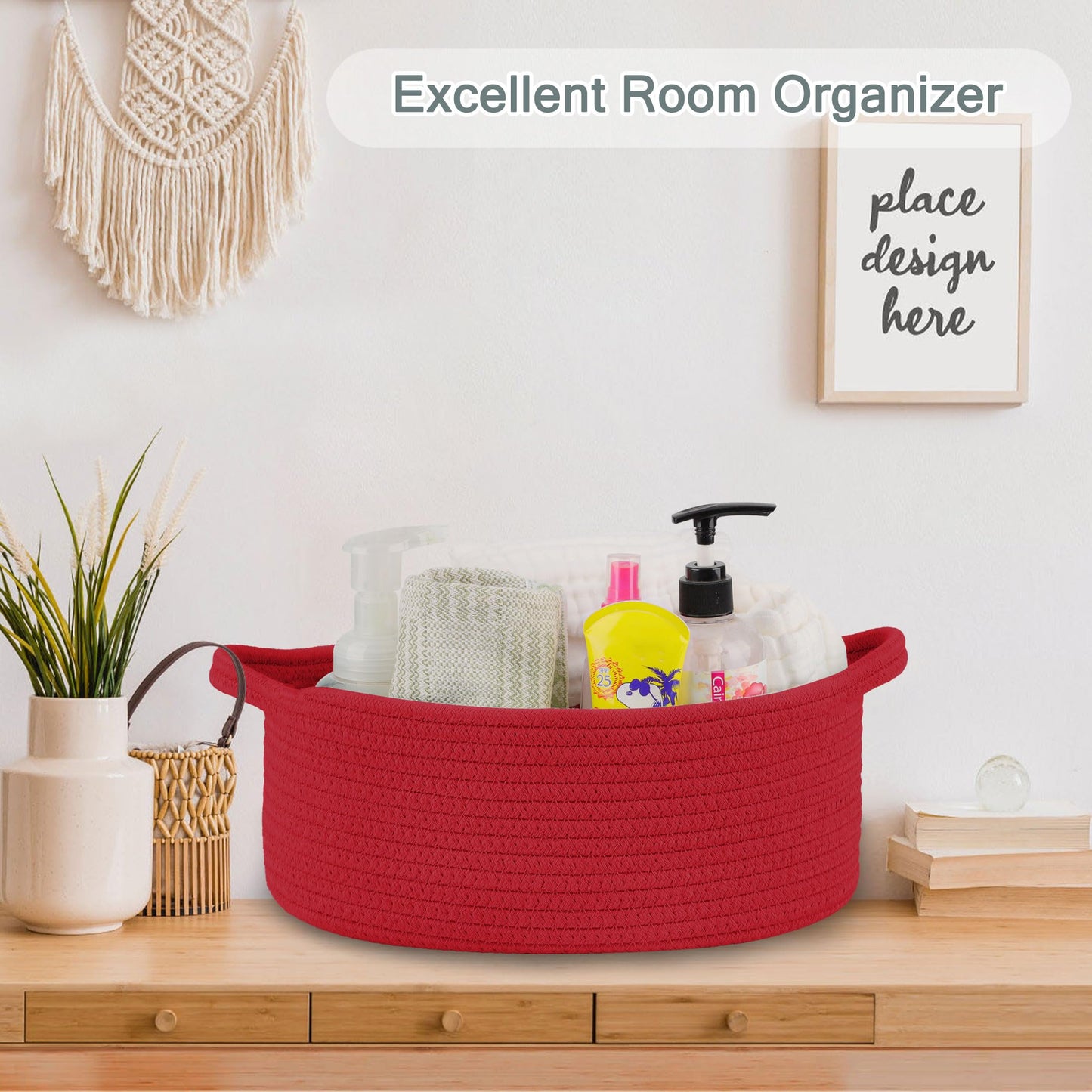 COMSE Small Woven Basket with Gift Bags and Ribbons, Gift Basket Empty, Cotton Rope Storage Organizer, Baby Toy Box with Handles, 12" x 8" x 5", Red