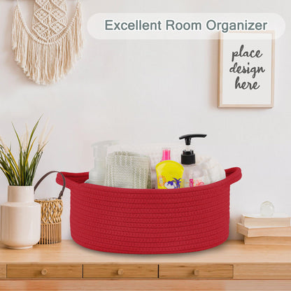 COMSE Small Woven Basket with Gift Bags and Ribbons, Gift Basket Empty, Cotton Rope Storage Organizer, Baby Toy Box with Handles, 12" x 8" x 5", Red