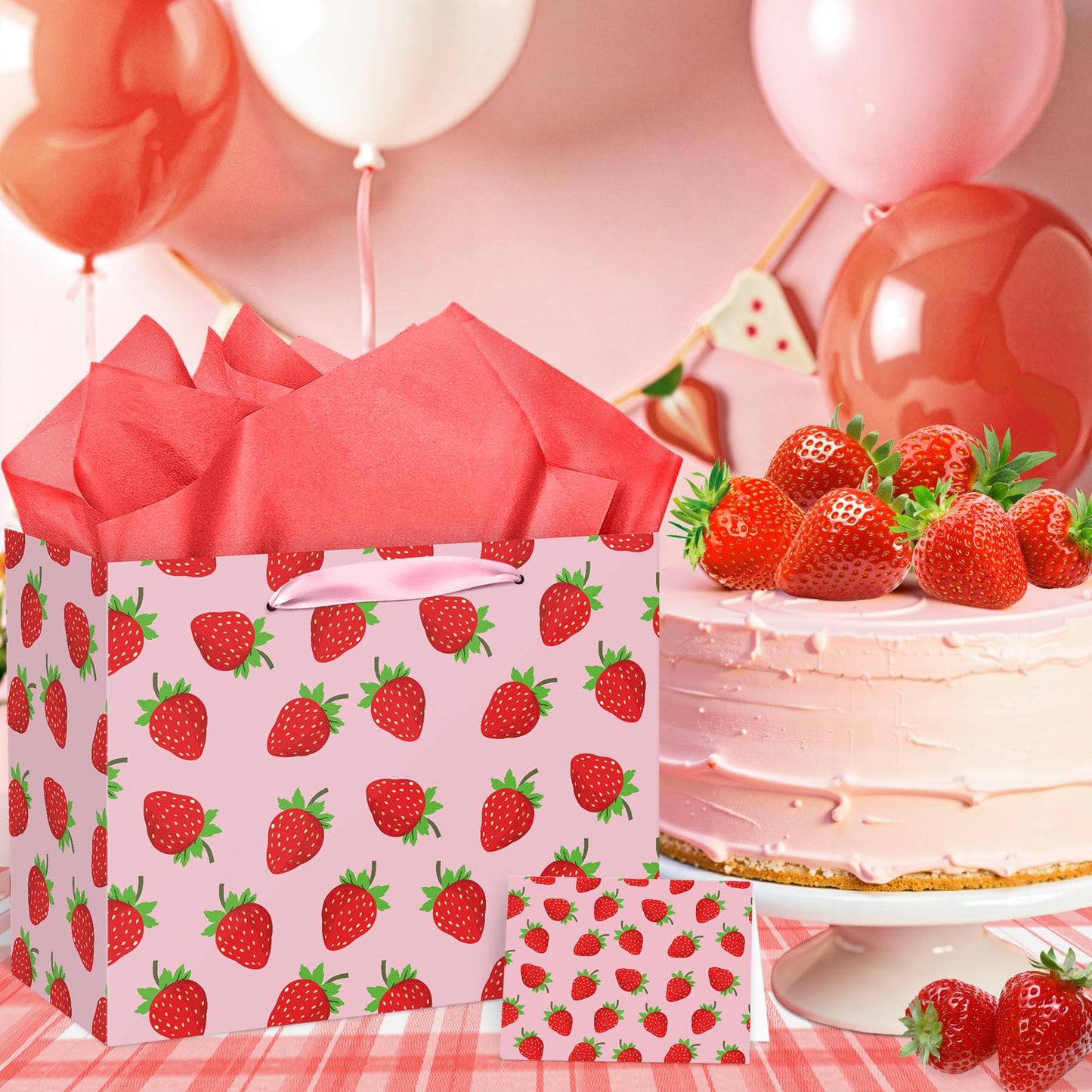Strawberry Birthday Gift Bag Berry Birthday Decoration Sweet Berry Gift Bag with Wrapping Paper and Card Strawberry Party Wrapping Paper Bag with Handle for Girl Baby Shower Party Supplies
