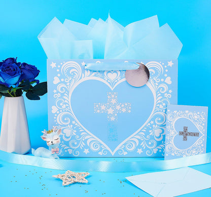 JWSCYSY 12.6" Large Blue Gift Bag with Metallic Silver Star Cross Design, Card and Tissue Paper for Baby Boy Baptisms, Christenings, First Communions Religious