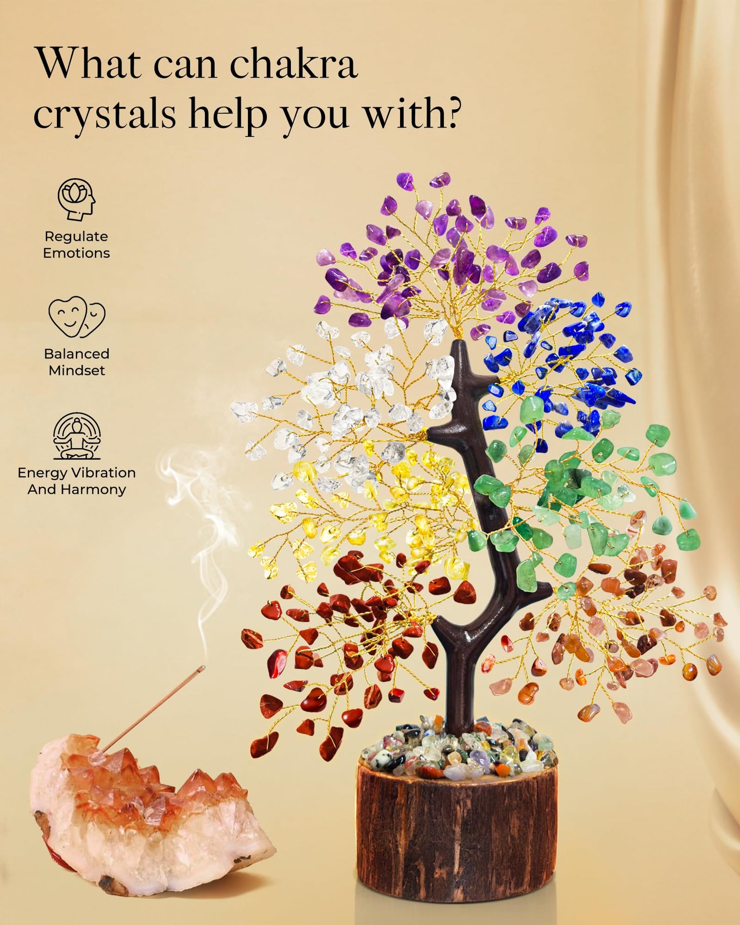 7 Chakra Crystal Tree of Life, Handmade Crystal Decor for Desk, Home Office & Meditation Room, Meaningful and Calming Gemstone Tree,Housewarming, Birthday Gifts for Women, Mom