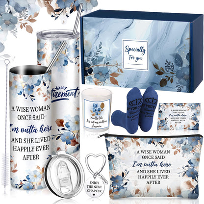 Bokon 9 Pcs Blue Brown Retirement Gifts for Women Teacher End of School Year Retired Gifts Set for Teachers Cna Nurse Coworker with 20oz Tumbler Candle Socks & Keychain Relaxation Gift Box