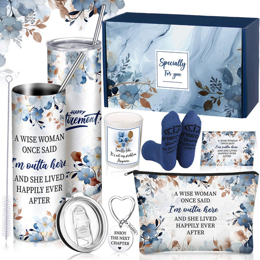 Bokon 9 Pcs Blue Brown Retirement Gifts for Women Teacher End of School Year Retired Gifts Set for Teachers Cna Nurse Coworker with 20oz Tumbler Candle Socks & Keychain Relaxation Gift Box