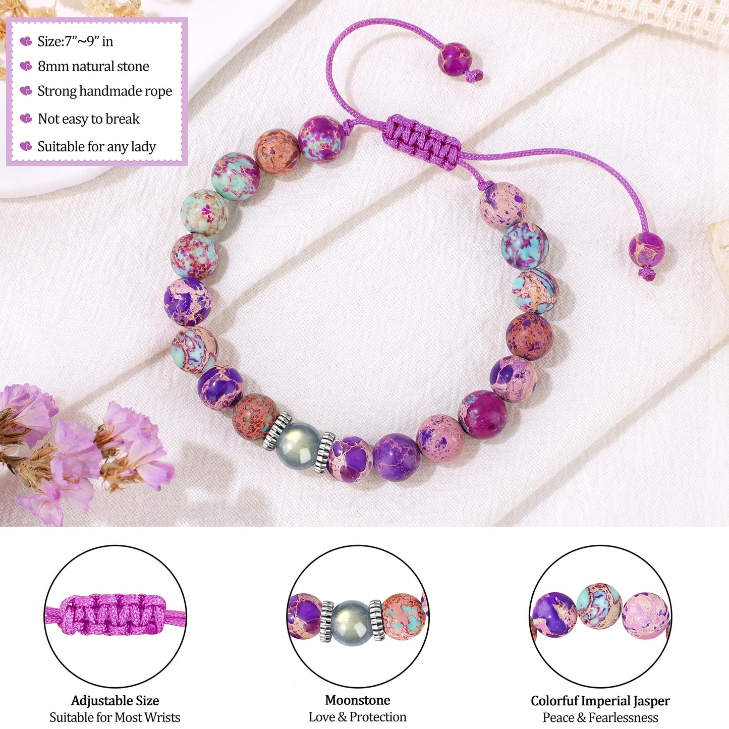 JoycuFF 𝗚𝗶𝗳𝘁𝘀 𝗳𝗼𝗿 𝗪𝗼𝗺𝗲𝗻 𝗠𝗼𝗼𝗻𝘀𝘁𝗼𝗻𝗲 𝗕𝗿𝗮𝗰𝗲𝗹𝗲𝘁 Colorful Imperial Jasper Natural Stone Bracelets Easter Christmas Birthday Gifts for Her Daughter Granddaughter Sister Niece