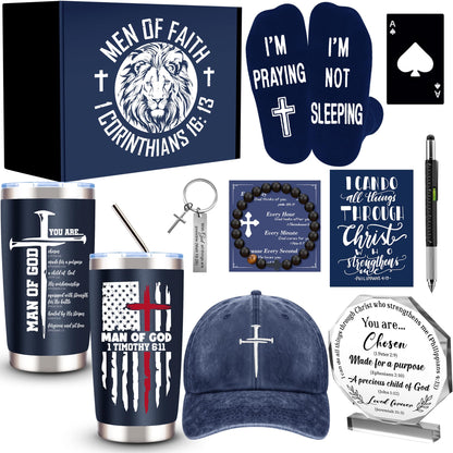 10 Pcs Christian Gifts for Men Faith, Inspirational Religious Gifts, Catholic Gift with 20 Oz Tumbler Bible Verses Crystal Plaque Hat Socks Bracelet Keychain for Husband, Dad, Grandpa, Friends