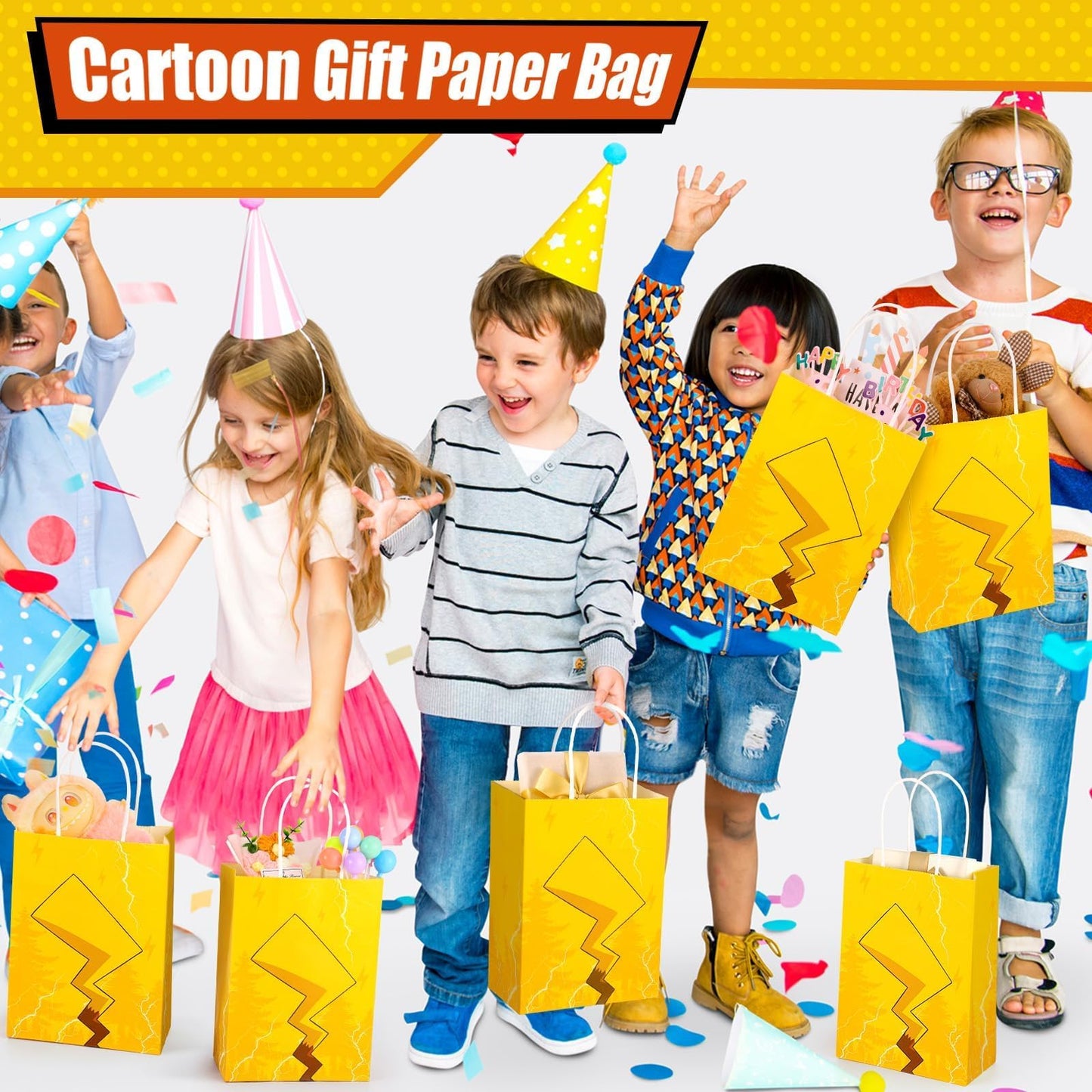 24 Pcs Cartoon Paper Bags Animation Party Gift Bags Red Kraft Treat Bag with Handle Birthday Party Supplies Paper Goodie Bags 8 x 5.1 x 3.1 Inches for Birthday Theme Supplies Baby Shower Decorations