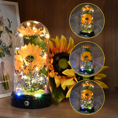 TECHSHARE Artificial Sunflower Gifts for Women, Yellow Artificial Sunflowers with LED Light in Glass Dome, Cute Sunflower for Christmas, Birthday, Mother's Day, Valentine's Day