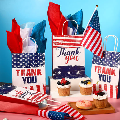 16 Pcs Patriotic Thank You Gift Bags with 18 Red White Blue Tissue Paper American Flag Party Favor USA Paper Treat Goodie Bags with Handle for 4th of July Veterans Memorial Independence Day Party
