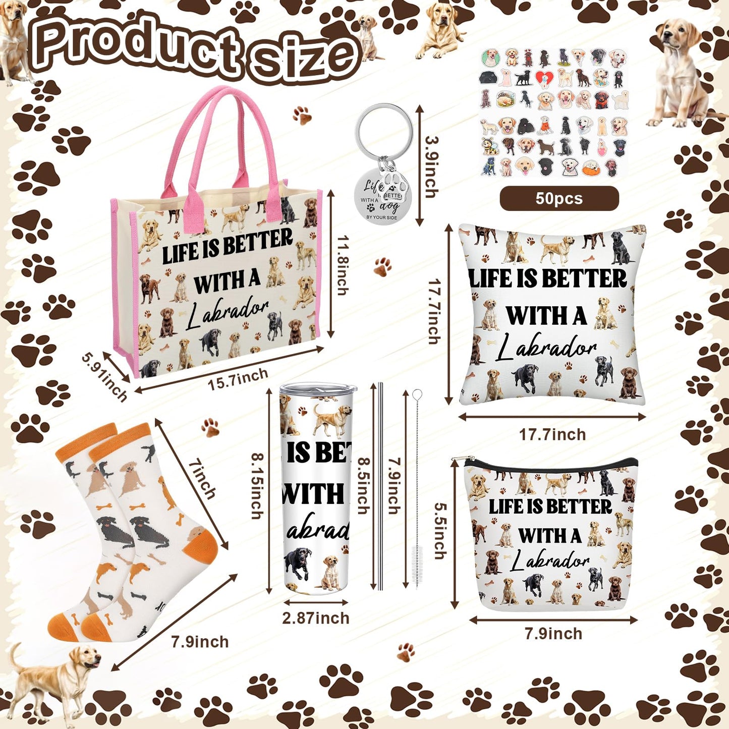 Patelai 56 Pcs Labrador Retriever Gift Set for Dog Mom, Tote Bag 20oz Stainless Tumbler Cosmetic Bag Sock Pillow Cover Keychain 50 Sticker for Women Labrador Lover Gift Dog Mothers Day Party Favors