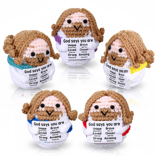 Marsui 5 Pcs 5 Pcs Crochet Dolls Christian Positive Gifts for Women Mini Jesus Figures with Positive Card Handmade Religious Crochet Plush Doll for Church Sunday School Motivational Gift (Colorful)