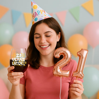 Funny 21st Birthday Gifts for Her – “21 Years Later” Design – 15oz Stemless Wine Glass – Cute and Nostalgic Gift for Women Turning 21, Birthday Celebration Decoration or Wine Lover Present