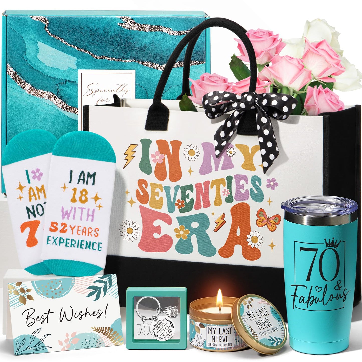 70th Birthday Gifts for Women, Unique 1956 Birthday Gifts for 70 Year Old Women Birthdays Gift Basket, Fabulous 70th Happy Birthdays Gift Idea for Mom Sister Friend Wife Grandma w/ Canvas Tote Bag