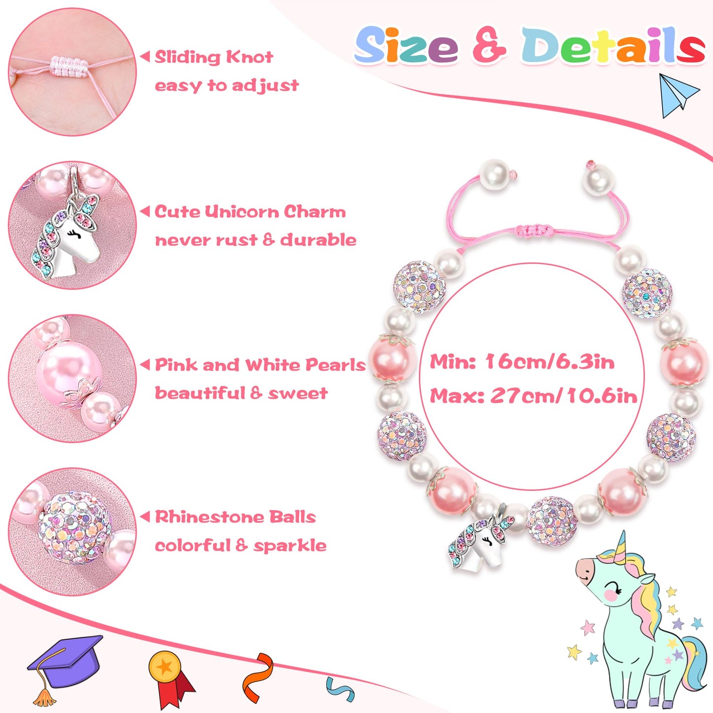 Parma77 2026 Kindergarten/Preschool/5th Grade Graduation Gifts, Adjustable Unicorn Bracelet with Pearl & Rhinestone Ball, Graduation Gifts for Kindergarten Students Daughter Granddaughter Niece