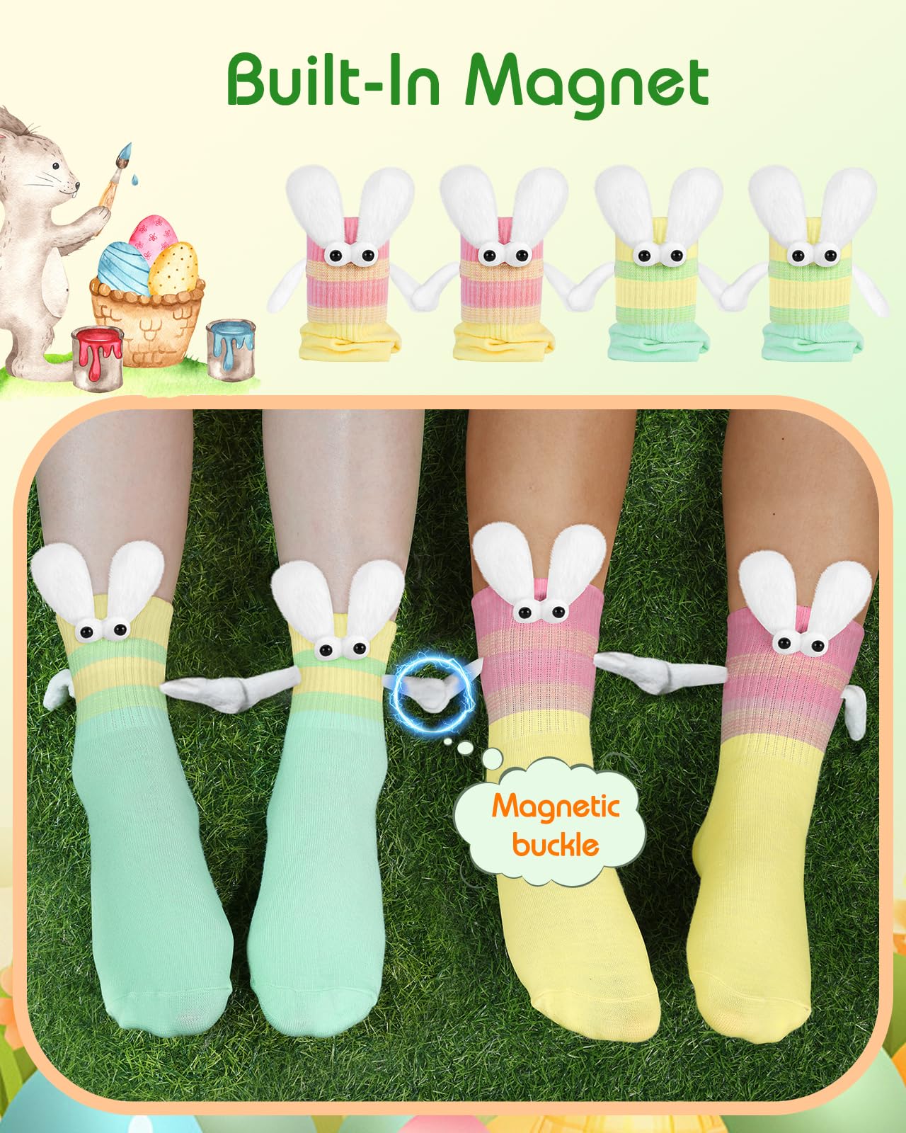 Swooflia Easter Magnetic Hand-Holding Bunny Socks 2 or 4Pairs–Crazy Fun Novelty Gifts for Teens, Women, Men, Couples, Friends