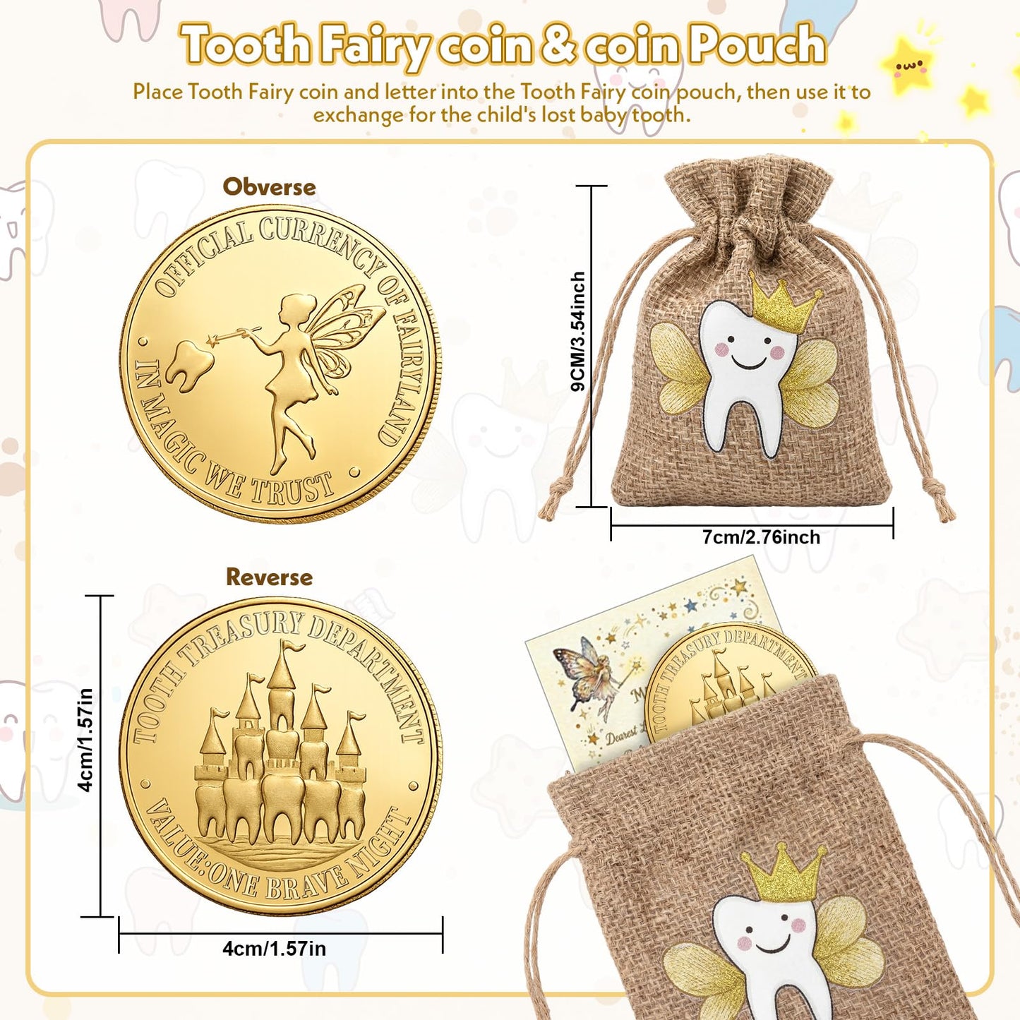 Kenning 25 Pcs Tooth Fairy Kit Gifts - Complete Lost Tooth Gift Set with Magical Letters, Gold Coin, Burlap Pouch, Envelope and Mini Magnifier, Keepsake for Lost Teeth