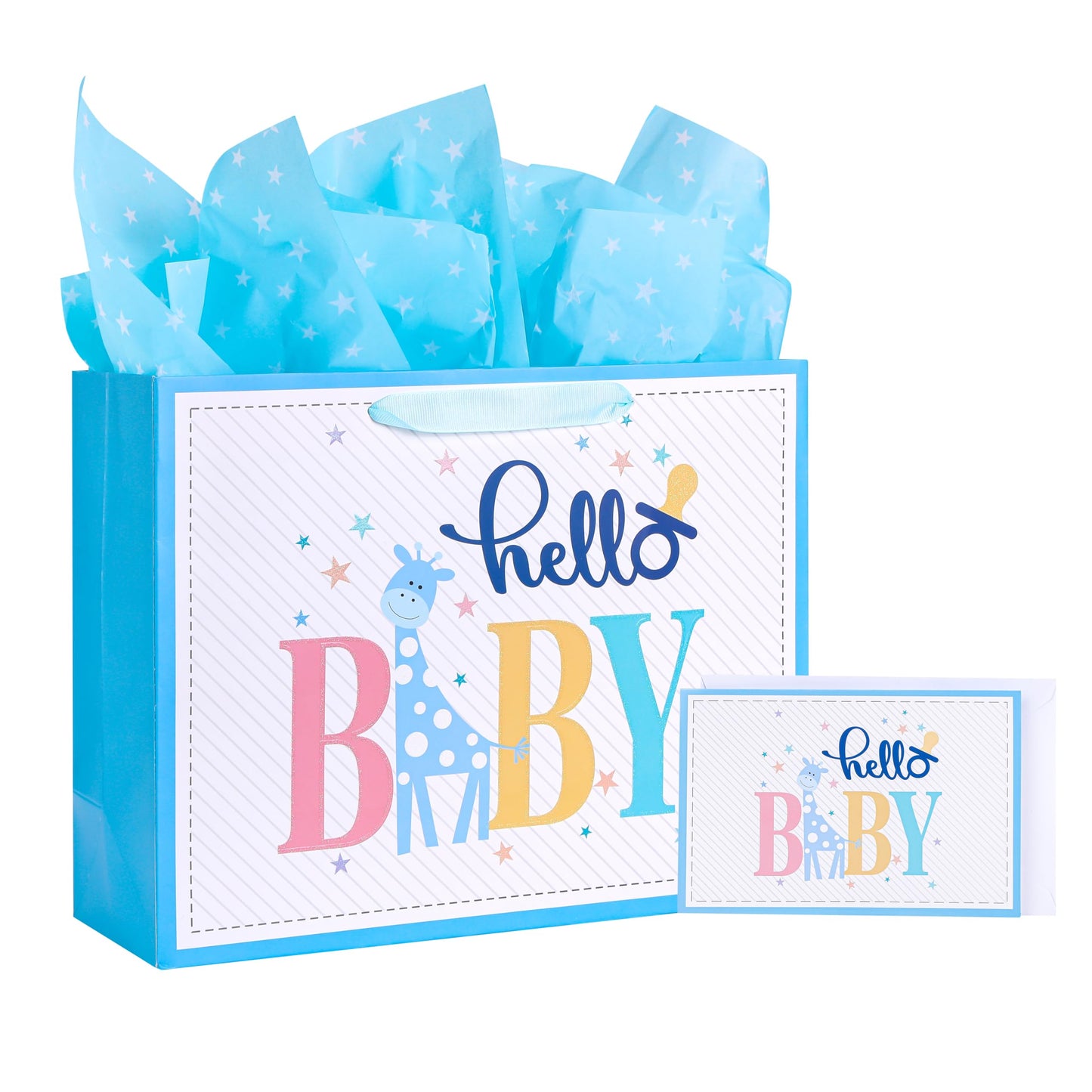 ROSYJUNE 13" Large Baby Gift Bag with Tissue Paper and Greeting Card for Baby Shower, Birthday