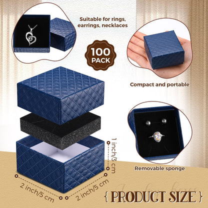 Landical 100 Pcs Jewelry Ring Gift Box 2'' x 2'' x 1'' Small Cardboard Earring Ring Gift Box with Velvet and Sponge Liner Pendant Case Bulk for Necklace Bracelet Earring Display Wedding(Dark Blue)