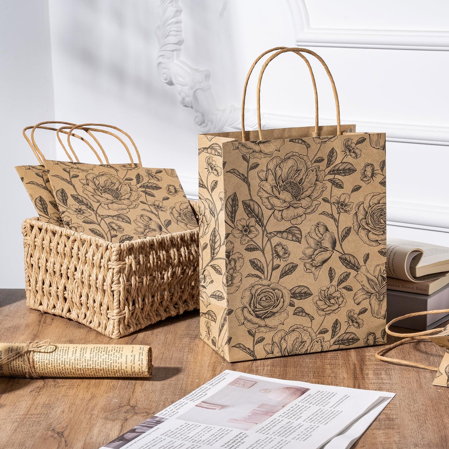 WRAPAHOLIC Medium Floral Kraft Paper Gift Bags - Black Florals Design for Birthday, Baby Shower, Holiday, Party Gift Wrap (Pack of 12)