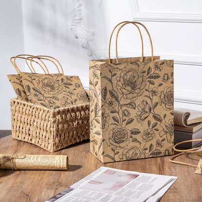 WRAPAHOLIC Medium Floral Kraft Paper Gift Bags - Black Florals Design for Birthday, Baby Shower, Holiday, Party Gift Wrap (Pack of 12)