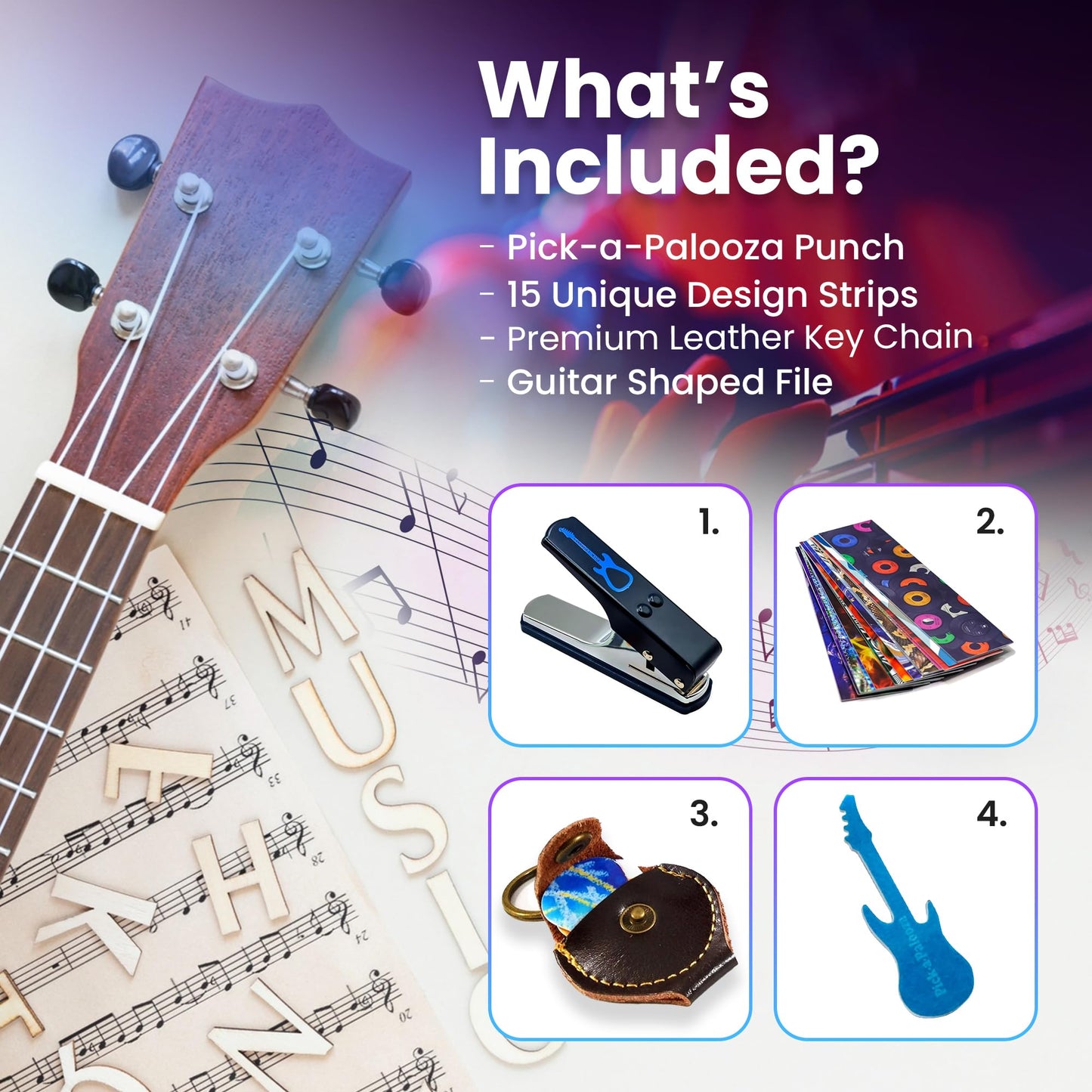 DIY Guitar Picks Punch Mega Pack - Custom Pick Maker for Musicians - Features Leather Key Chain Holder, Pick Strips with Artwork & File - Unique Gifts for Men & Women - Blue Punch