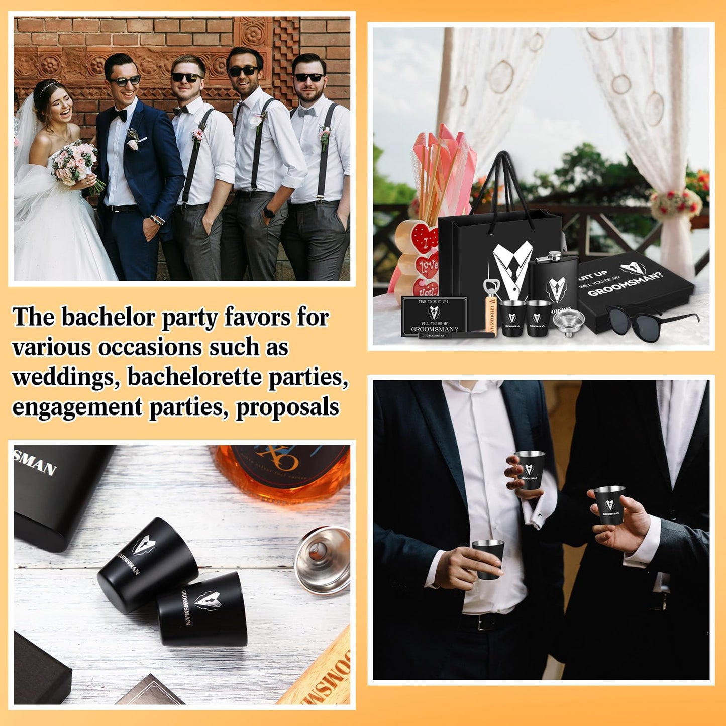 Layhit 9 Pcs Groomsmen Proposal Gifts Set of 1 Wedding Party Gift Including 1 Flask 2 Stainless Steel Shot Glass 1 Wood Bottle Opener 1 Pen 1 Sunglasses 1 Card 1 Box 1 Bag