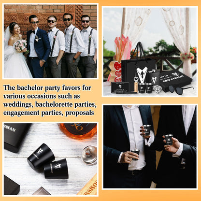 Layhit 9 Pcs Groomsmen Proposal Gifts Set of 1 Wedding Party Gift Including 1 Flask 2 Stainless Steel Shot Glass 1 Wood Bottle Opener 1 Pen 1 Sunglasses 1 Card 1 Box 1 Bag