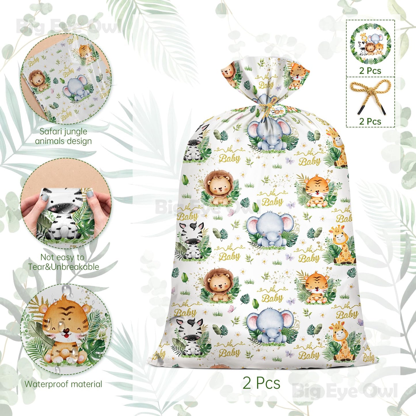 2Pcs Extra Large Baby Shower Plastic Gift Bags 70"x 40" Jumbo Safari Jungle Animals Present Bag XXL Big Gift Wrapping Bags Oversized Reusable Baby Gender Reveal Birthday Party Favors Goody Bags