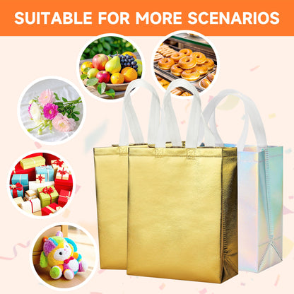 METAPRINT 15 Pcs Iridescent Glossy Gift Bags Medium Size, 8x4x10 Inch Holographic Reusable Gift Bags with Handles & Sturdy Base, Ideal for Birthday, Wedding