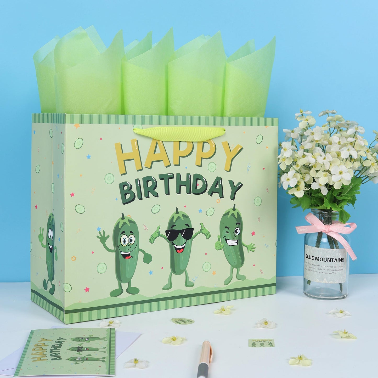 13'' Large Pickle Birthday Gift Bag Set with Handles, Greeting Card, Green Tissue Papers and Stickers for Women Boys Girls Kids Teens for Cucumber Birthday, Baby, Men, Vegetable Themed Design, 1 Pcs