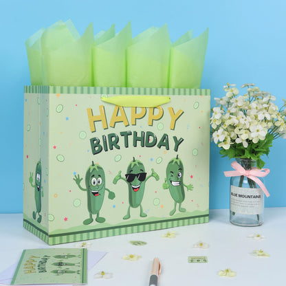 13'' Large Pickle Birthday Gift Bag Set with Handles, Greeting Card, Green Tissue Papers and Stickers for Women Boys Girls Kids Teens for Cucumber Birthday, Baby, Men, Vegetable Themed Design, 1 Pcs