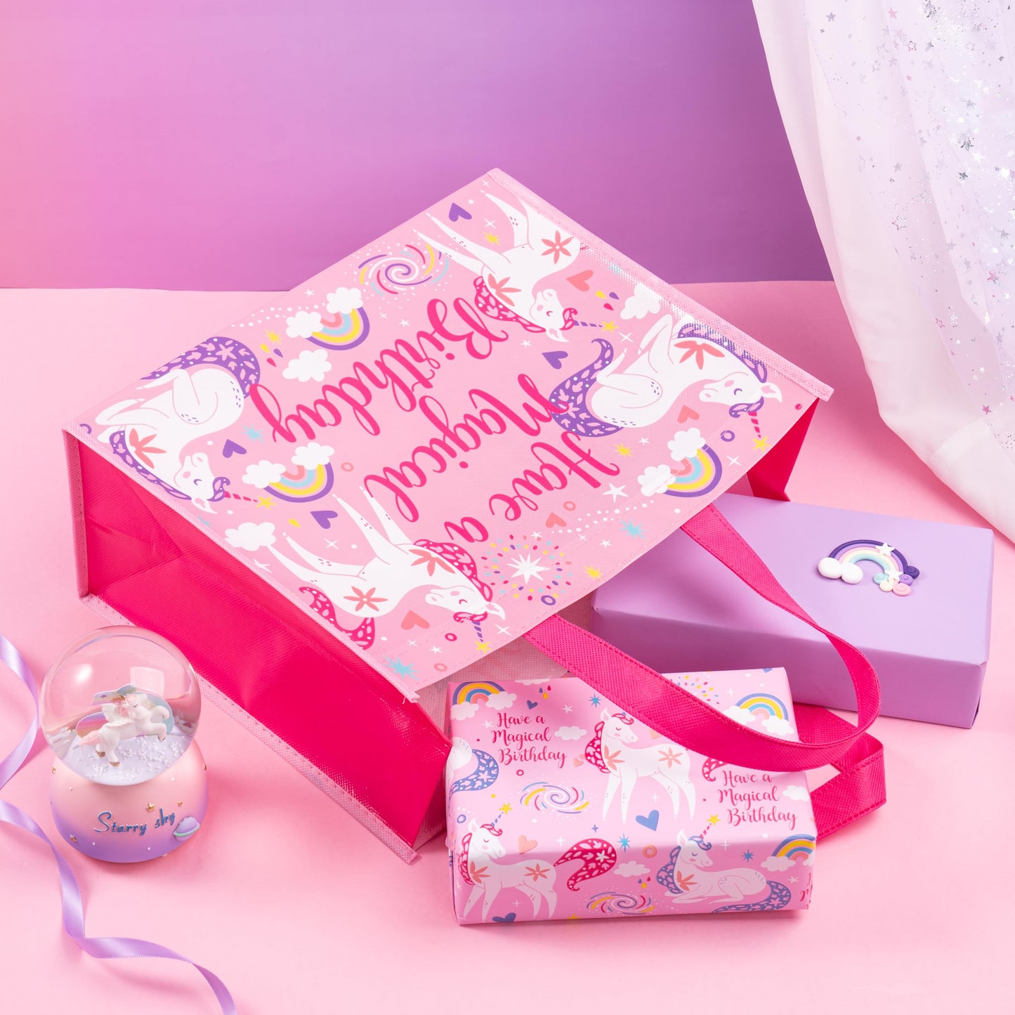 WRAPAHOLIC Large Reusable Magical Unicorn Birthday Gift Bag with Handles - 10 x 5 x 13 inch - Pink Magical Bday Gift Bags for Girls Birthday, Baby Girl Shower and Shopping