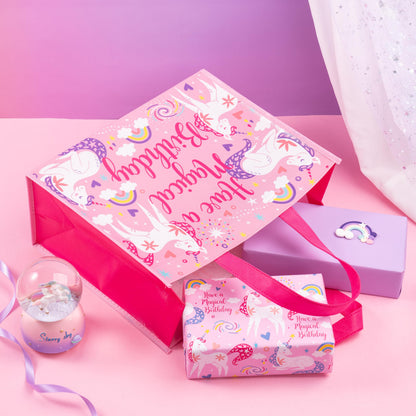 WRAPAHOLIC Large Reusable Magical Unicorn Birthday Gift Bag with Handles - 10 x 5 x 13 inch - Pink Magical Bday Gift Bags for Girls Birthday, Baby Girl Shower and Shopping