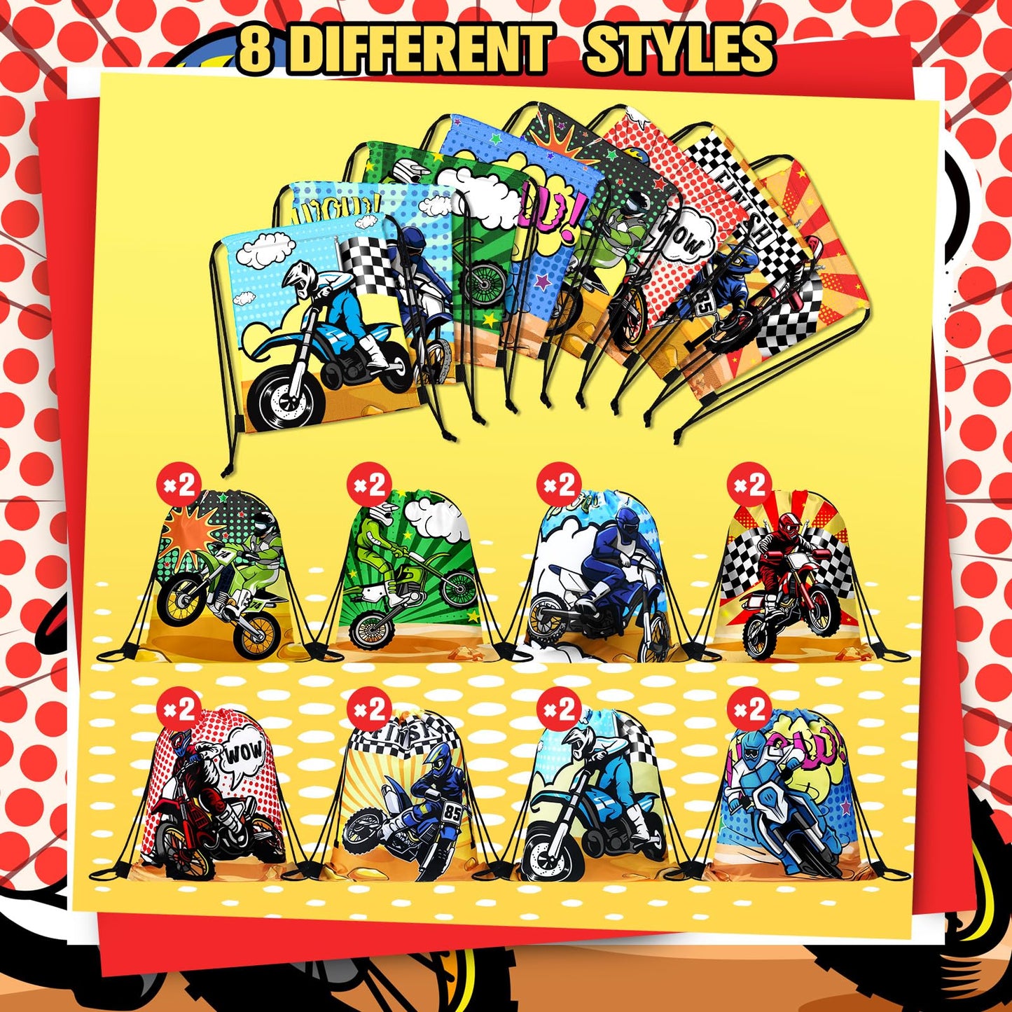 Boao 16 Pack Dirt Bike Favors Bag Racing Themed Party Drawstring Motorcycle Goodie Bags for Birthday Party Supplies Candy Gift Men Bike Lover