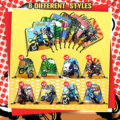 Boao 16 Pack Dirt Bike Favors Bag Racing Themed Party Drawstring Motorcycle Goodie Bags for Birthday Party Supplies Candy Gift Men Bike Lover