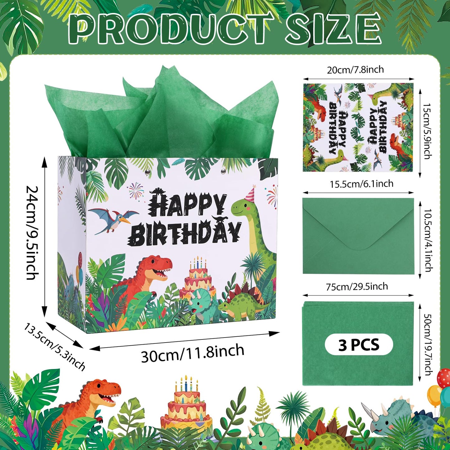 Lednica Dinosaur Happy Birthday Gift Bag with Tissue Paper, Envelop and Greeting Card, T-Rex Paper Gift Bags for Kids Boys Girls, Green Dino Party Favors Supplies, 11.8"x9.5"x5.3"