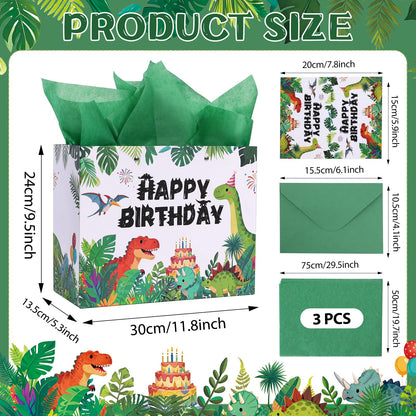 Lednica Dinosaur Happy Birthday Gift Bag with Tissue Paper, Envelop and Greeting Card, T-Rex Paper Gift Bags for Kids Boys Girls, Green Dino Party Favors Supplies, 11.8"x9.5"x5.3"
