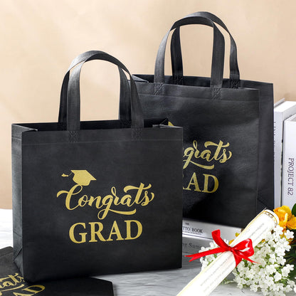 Sweetude 50 Pcs Graduation Gift Bags Bulk with Handles Reusable Congrats Grad Non Woven Tote Bags 12 x 11 x 5 Inches Black and Gold Graduation Party Favors for College High School Party Supplies