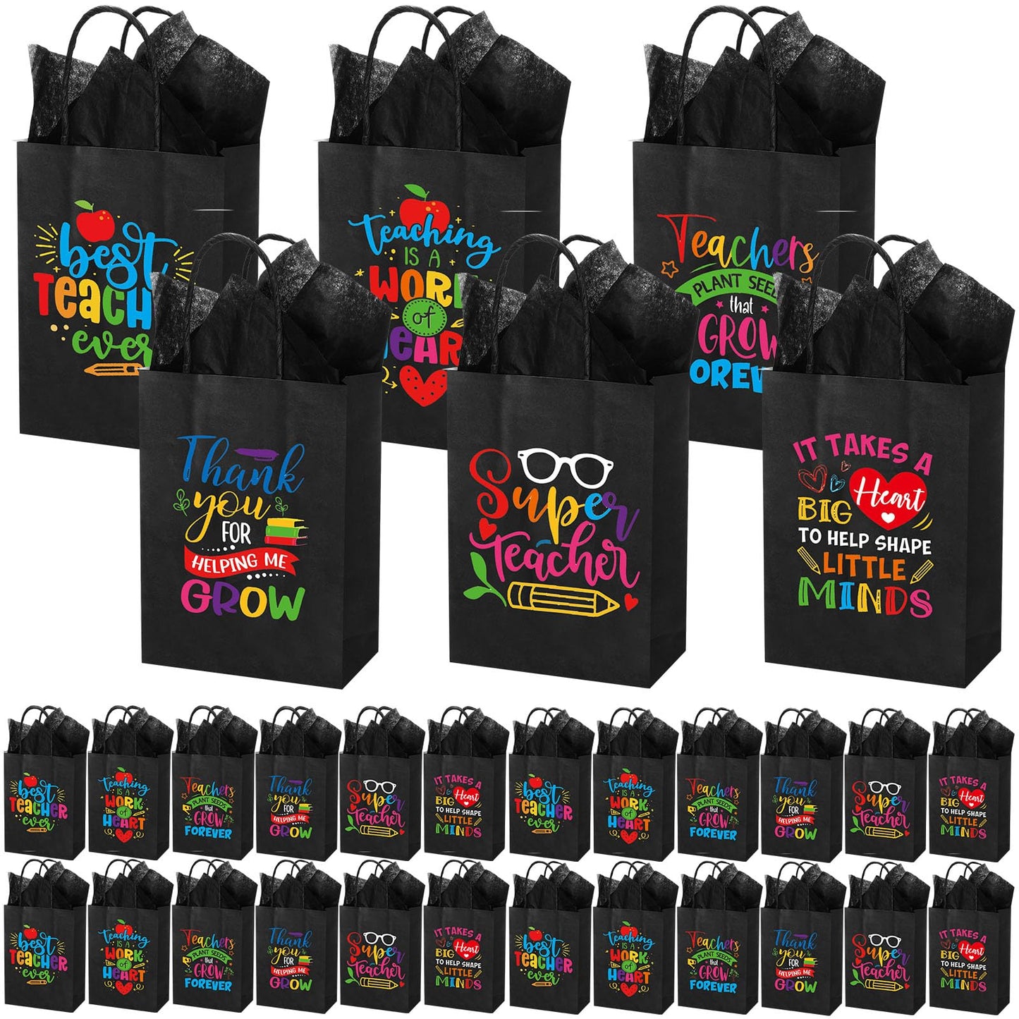 Skyygemm 60 Pack Teacher Appreciation Gift Bags with Tissue Paper Thank You Teacher Paper Gift Bags with Handle for Classroom School End of Year Christmas Party Favors(Black Color)