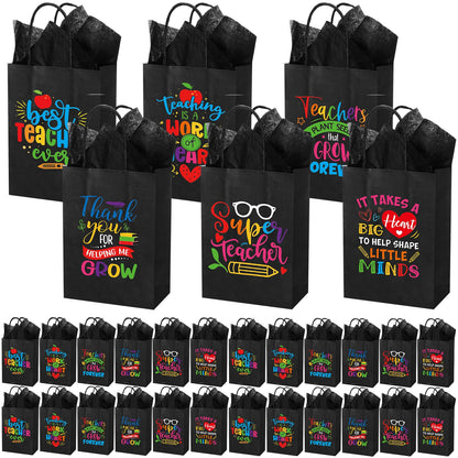 Skyygemm 60 Pack Teacher Appreciation Gift Bags with Tissue Paper Thank You Teacher Paper Gift Bags with Handle for Classroom School End of Year Christmas Party Favors(Black Color)
