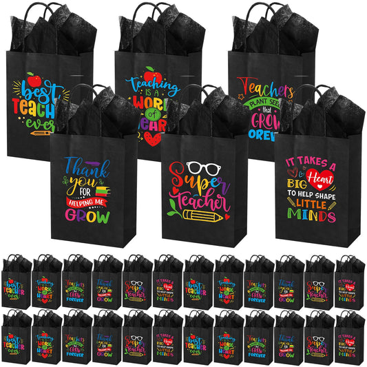 Skyygemm 60 Pack Teacher Appreciation Gift Bags with Tissue Paper Thank You Teacher Paper Gift Bags with Handle for Classroom School End of Year Christmas Party Favors(Black Color)