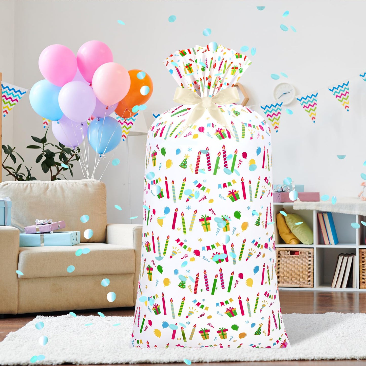 Teling 2 Pcs Large Birthday Plastic Gift Bags 70 x 40 Oversized Plastic Storage Bags with 2 Rolls Ribbons for Birthday Party, New Parents Shower, Bicycle Bike, Holiday