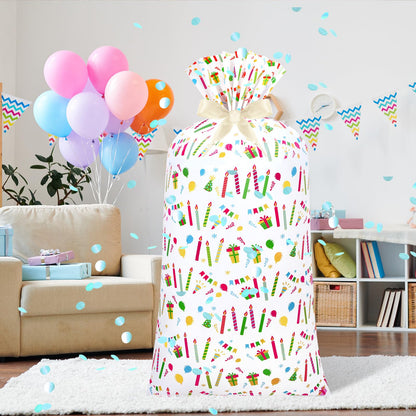 Teling 2 Pcs Large Birthday Plastic Gift Bags 70 x 40 Oversized Plastic Storage Bags with 2 Rolls Ribbons for Birthday Party, New Parents Shower, Bicycle Bike, Holiday