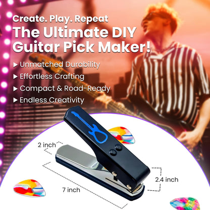 DIY Guitar Picks Punch Mega Pack - Custom Pick Maker for Musicians - Features Leather Key Chain Holder, Pick Strips with Artwork & File - Unique Gifts for Men & Women - Blue Punch