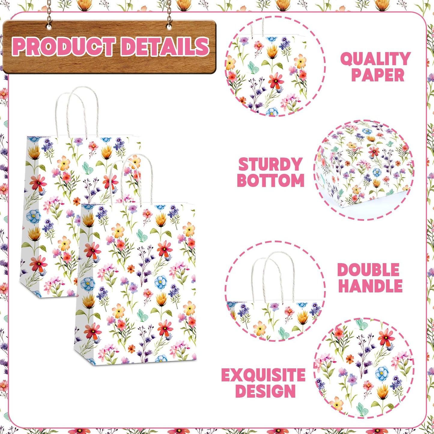 CHUNNIN Wildflower Gift Bags Spring Floral Welcome Flower Party Favors Wildflower Paper Candy Goodie Treat Bags with Handles for Garden Decorations Birthday Tea Bridal Shower Wedding Supplies