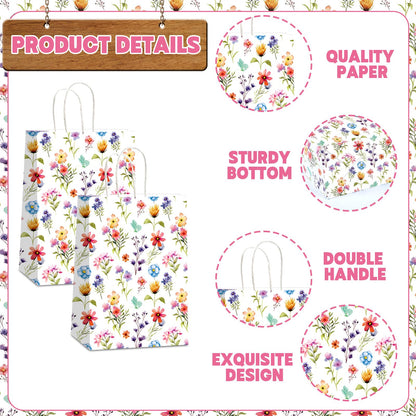 CHUNNIN Wildflower Gift Bags Spring Floral Welcome Flower Party Favors Wildflower Paper Candy Goodie Treat Bags with Handles for Garden Decorations Birthday Tea Bridal Shower Wedding Supplies