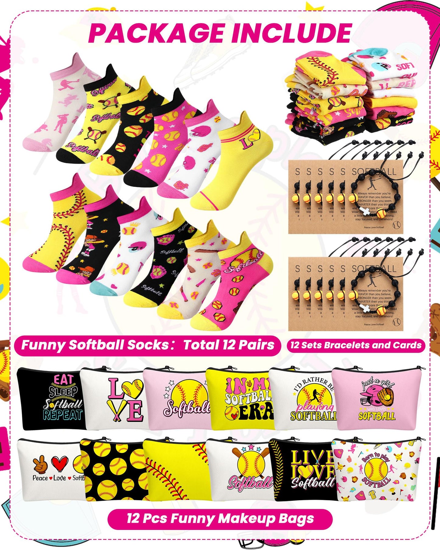 48 Pcs Softball Team Gifts for Women Include Cosmetic Bags Socks Bracelets and Cards for Teen Girls Players Coach