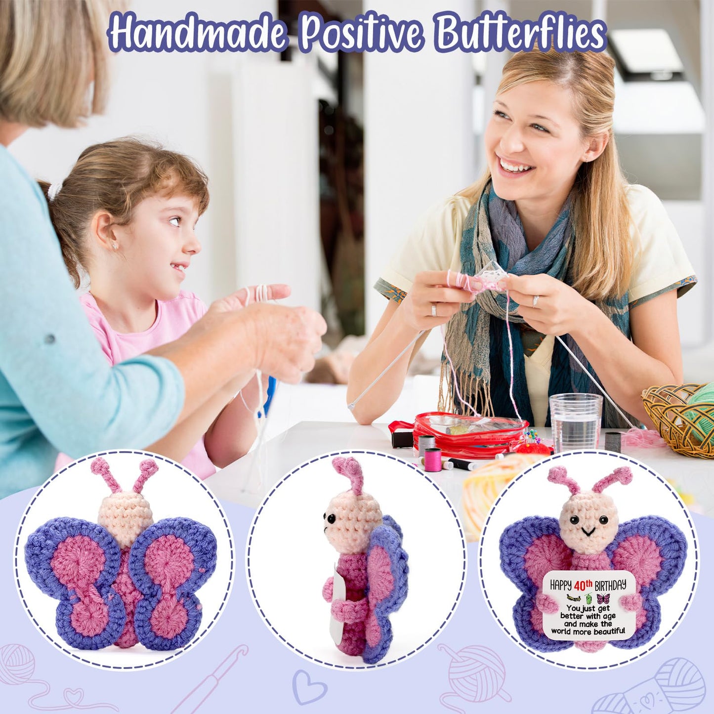 40th Birthday Gifts for Women, Tiny Crochet Butterfly Plush with Pink Purple Wings Holding Positive Note, Happy 40th Birthday Decoration & Gift for 40 Year Old Women