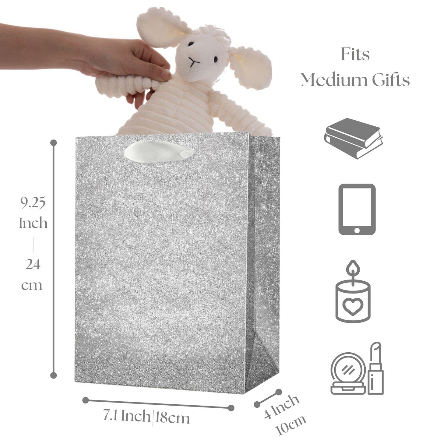 UNIQOOO 12Pcs Embossed Silver Glitter Christmas Gift Bags with 24 Tissue Paper Bulk, M 9x7 Inch, Xmas Silver Gift Wrap Bags, Wedding Bridal Baby Shower Favor Bag Gift Packaging, Birthday Holiday Party