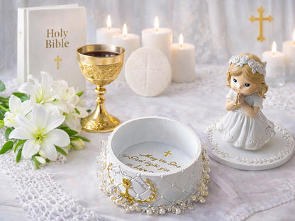 First Communion Gifts for Girls- First Holy Girl Figurine with Keepsake Box & Flower Girl Headpiece & Cross Necklace & Cross Bracelet Included, 1st Communion Gifts for Girls
