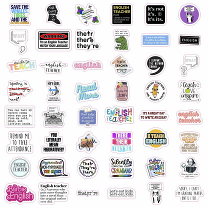 BulbaCraft 100Pcs English Teacher Stickers for Water Bottle and Laptop - English Teacher Party Supplies & Decorations, Waterproof Vinyl Decals, Literature Stickers, Gifts for Women & Men